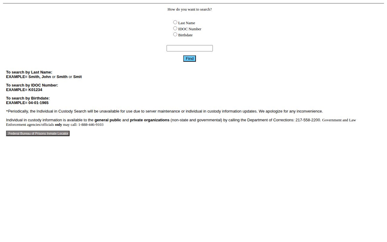 Illinois Department of Corrections search form with IDOC number, last name, and birth date options